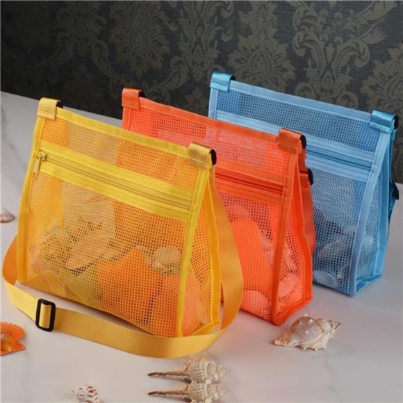 Mesh Bag for Holding Beach Shell,Toys (Blue&Yellow&Orange 3pack)Shell Collecting - Picture 6 of 6